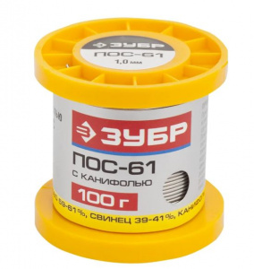 Припой ЗУБР, ПОС 61, трубка с канифолью, 100 гр., 1 мм