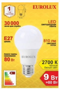 Лампа светодиодная LL-E-A60-9W-230-2,7K-E27 (груша, 9Вт, тепл., Е27) Eurolux