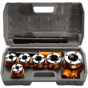 Набор клуппов 1/4"-3/8"-1/2"-3/4"-1"-1 1/4" + плашкодержатель с трещоткой, 9 предметов