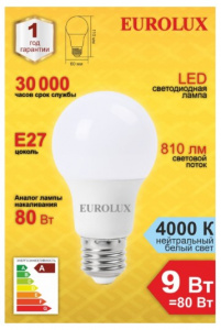 Лампа светодиодная LL-E-A60-9W-230-4K-E27 (груша, 9Вт, нейтр., Е27) Eurolux