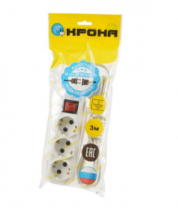 Удлинитель 3м 3 роз. "КРОНА" ПВС 3х0,75 с заземлением+выключатель