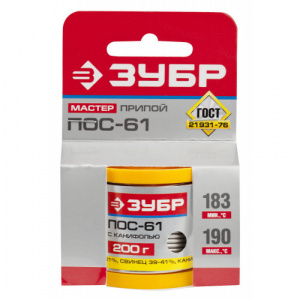Припой ЗУБР, ПОС 61, трубка с канифолью, 200 гр., 1 мм