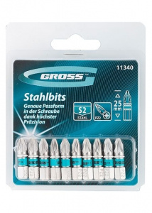 Бита PZ №2, 25мм, сталь S2, 10шт GROSS