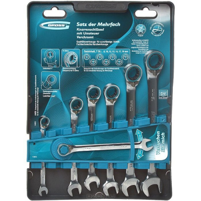 Набор кл. комб. 8-19мм GROSS с трещоткой реверсивные, 7шт CrV
