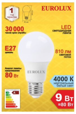 Лампа светодиодная LL-E-A60-9W-230-4K-E27 (груша, 9Вт, нейтр., Е27) Eurolux