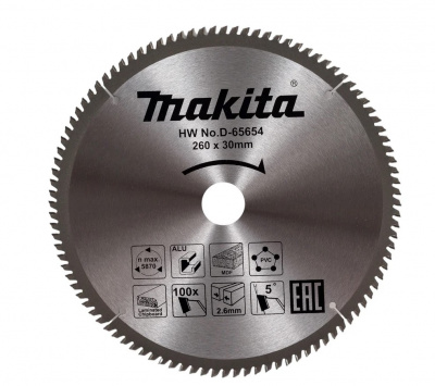 Диск (круг) пильный  MAKITA 260*30(100Т) по алюминию,дереву,пластику