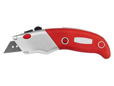 Нож ЗУБР с трапец. лезвием тип А24, метал. корпус, автомат. фиксация,кассета для хран.лезвий